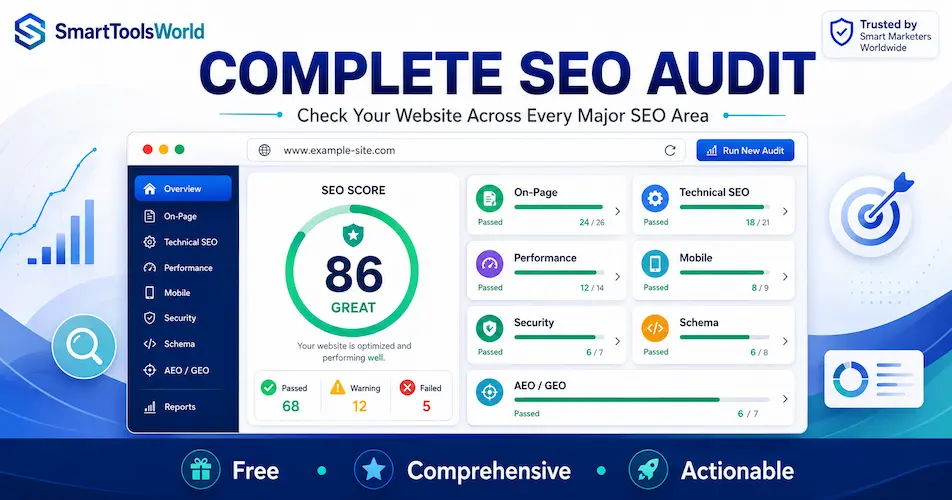 SmartToolsWorld Complete SEO Audit dashboard showing SEO score, on-page SEO, technical SEO, performance, mobile, security, schema and AEO GEO checks